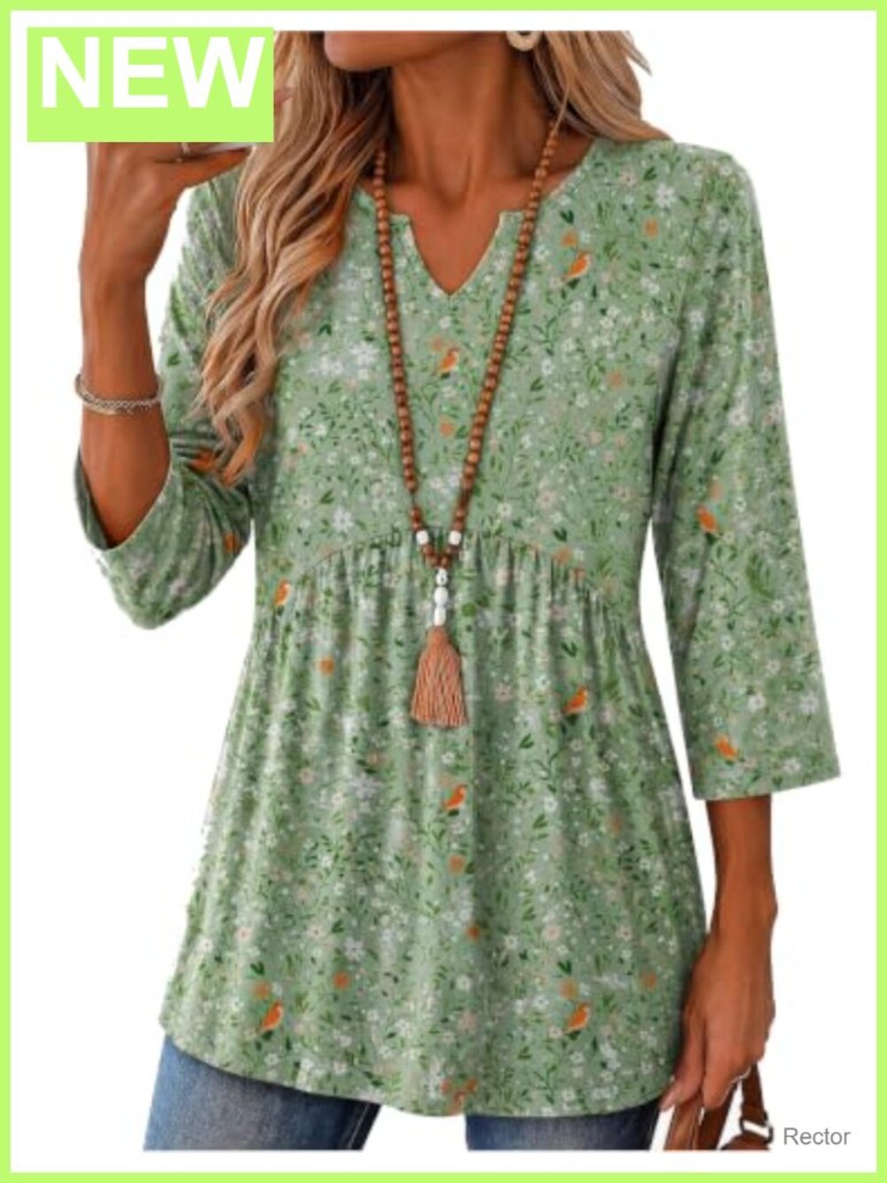 Womens 3/4 Sleeve V Neck Tunic Top Ruched Waist Flowy Casual Blouse